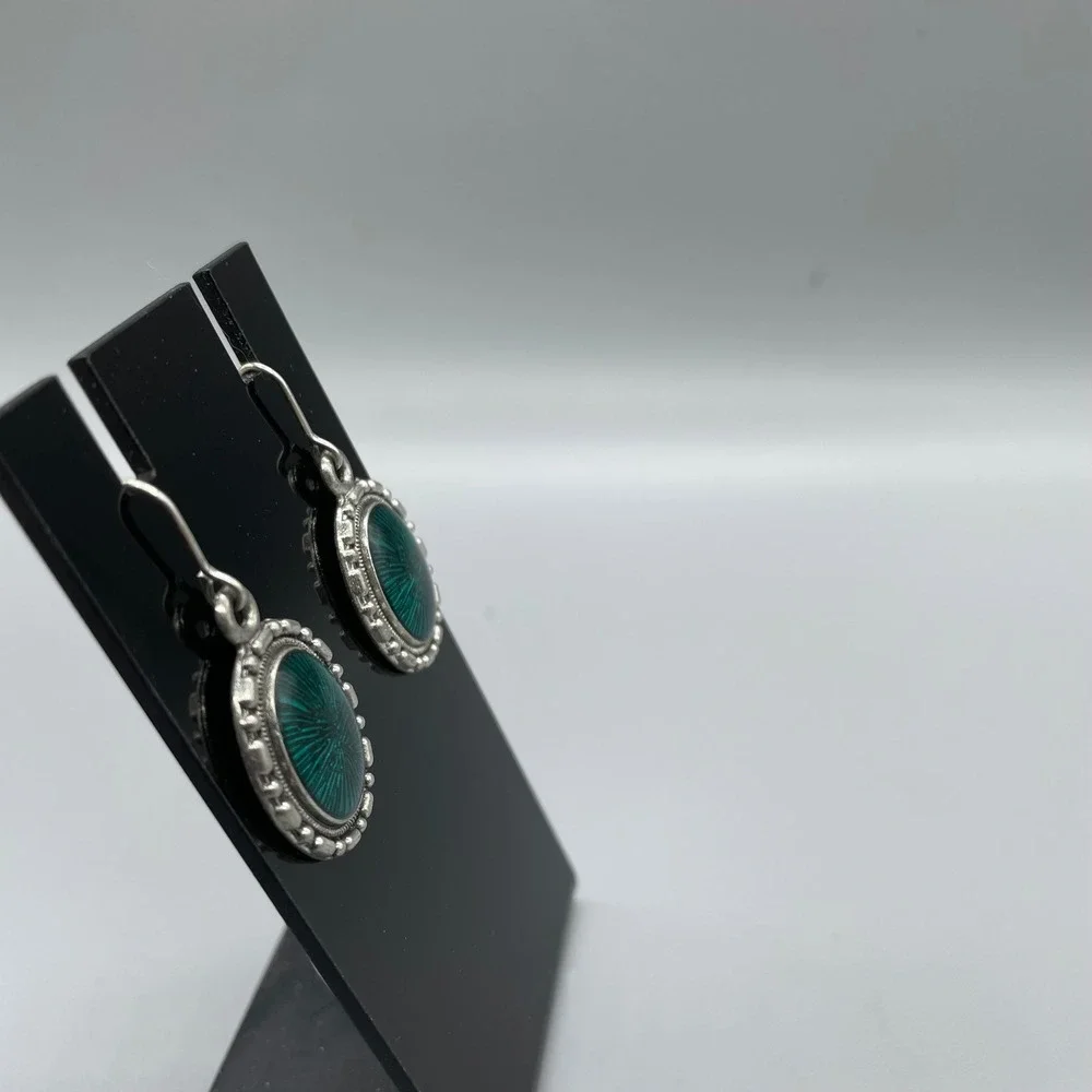 Vintage Style Teal Green Sunburst‎ Oval Drop Earrings Silver Tone Beaded Border